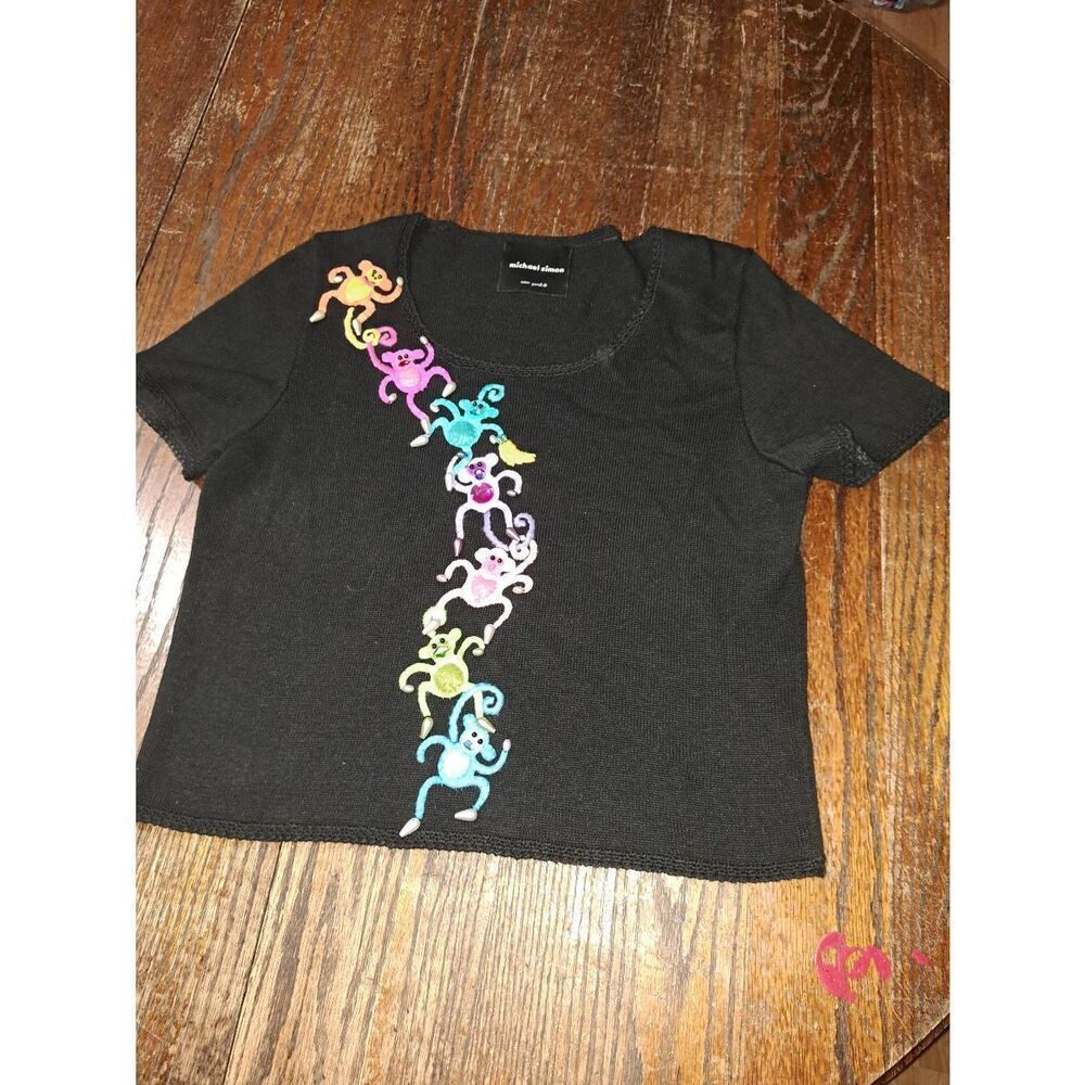 Vintage Med Michael Simon Black Short Sleeve Embellish Monkey Knit Sweater Shirt